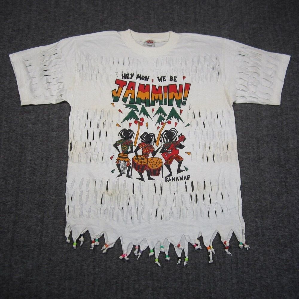 VTG 80s Perforated Distress Shirt XL White Reggae Rasta Graphic Souvenir‎ RARE